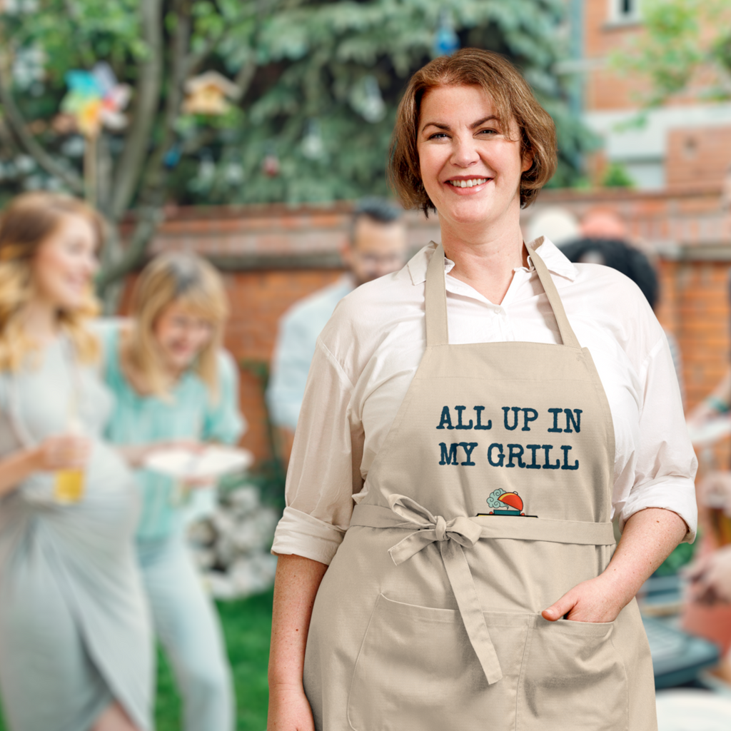 Apron - ALL UP IN MY GRILL - BLUE TEXT