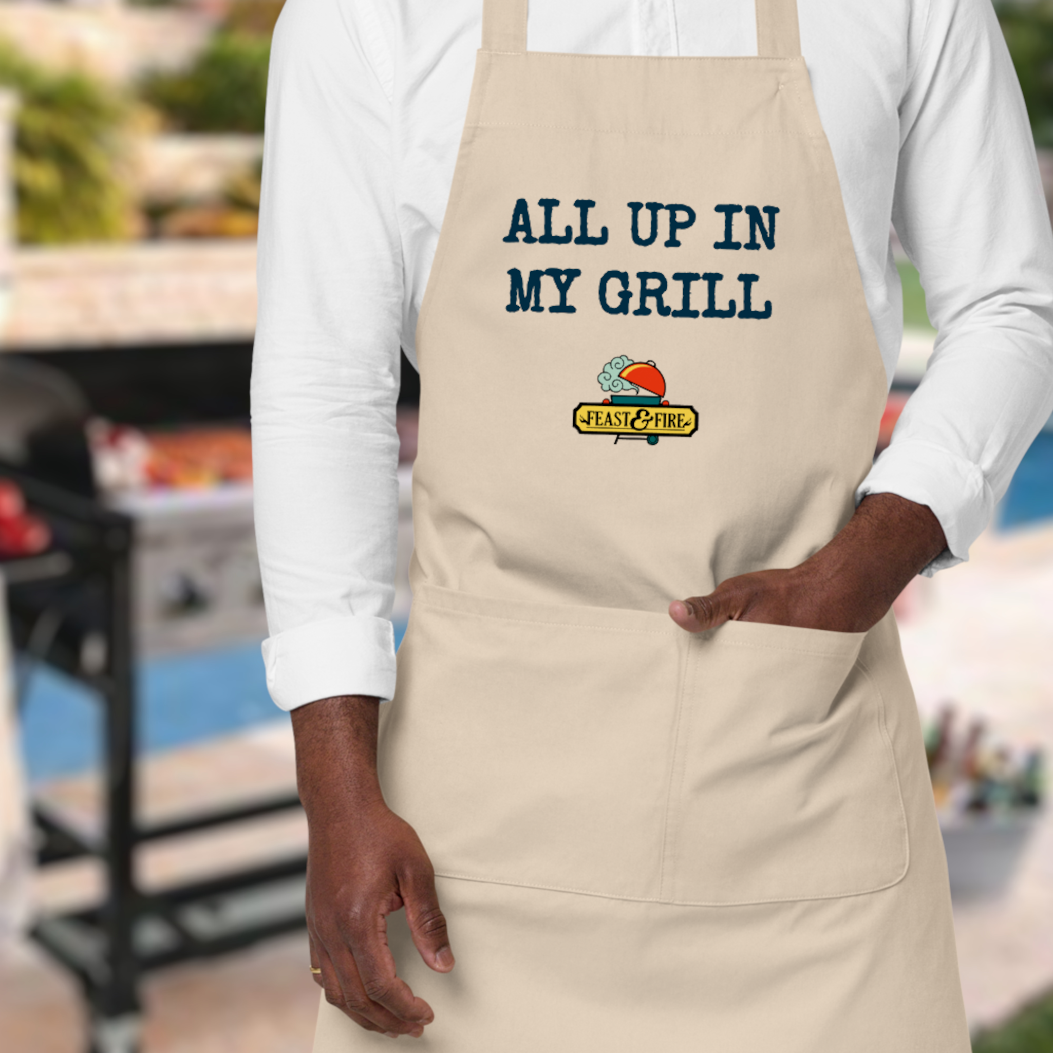 Apron - ALL UP IN MY GRILL - BLUE TEXT