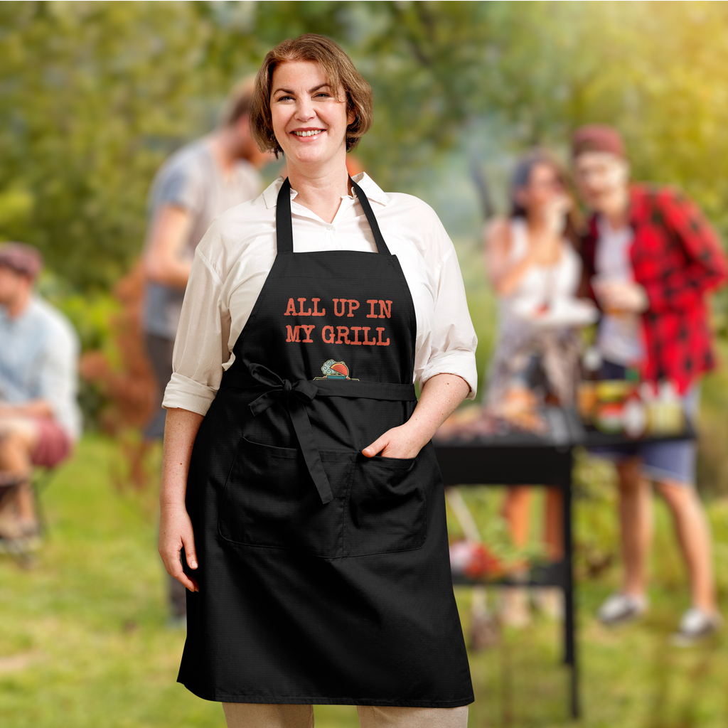 Apron - ALL UP IN MY GRILL - RED TEXT