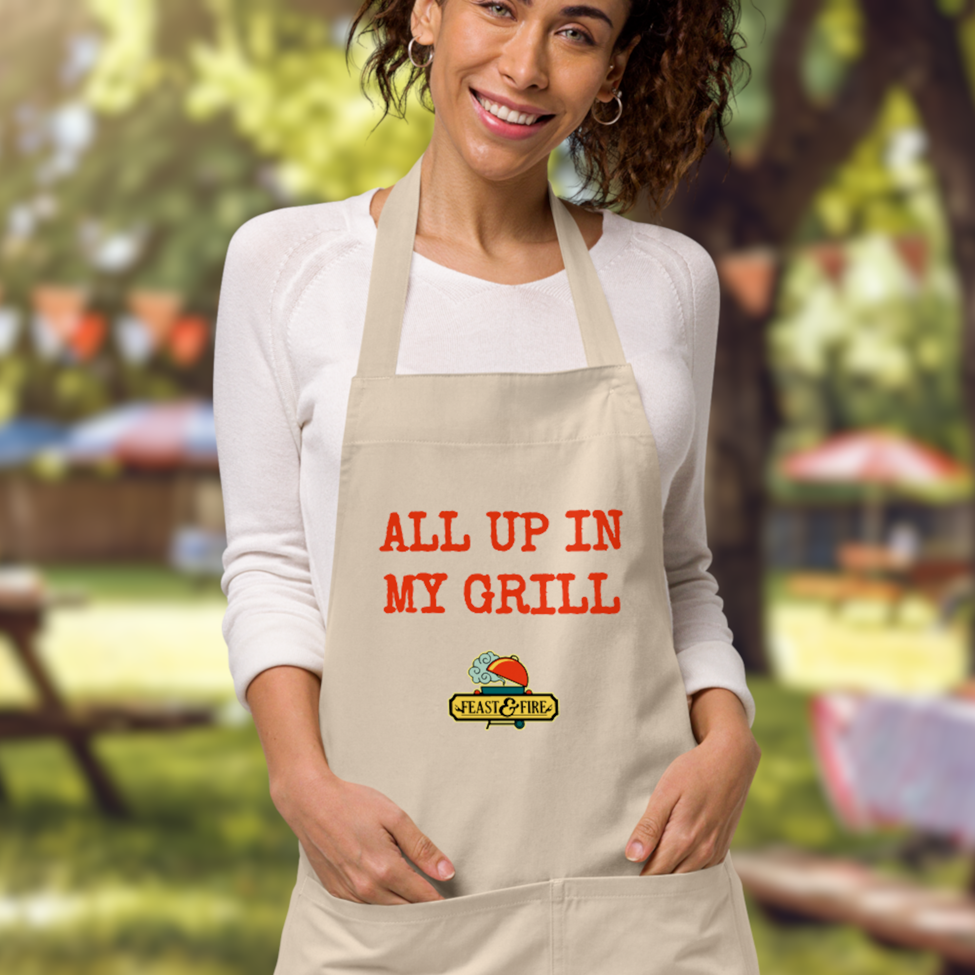 Apron - ALL UP IN MY GRILL - RED TEXT