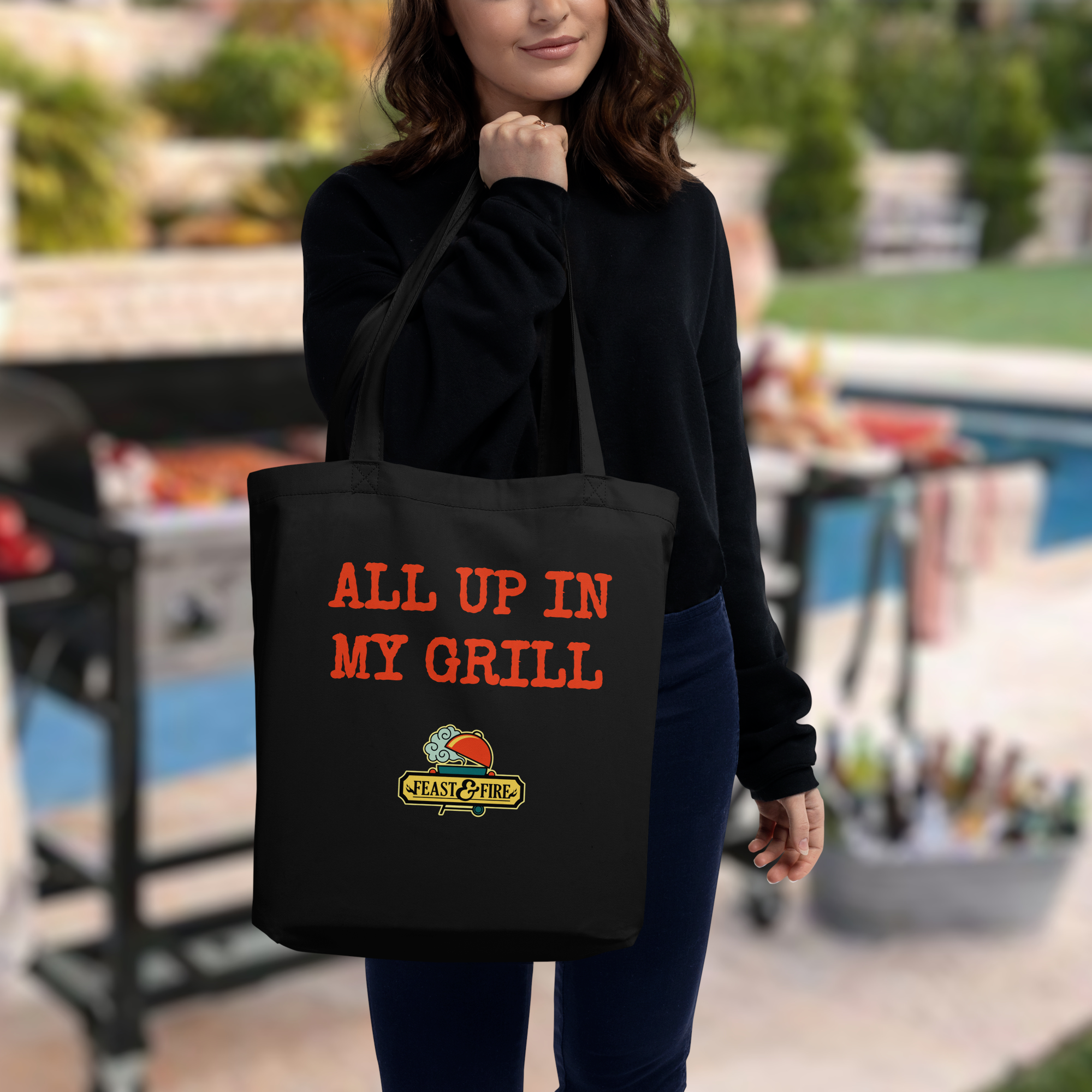 Eco Tote Bag - ALL UP IN MY GRILL RED TEXT