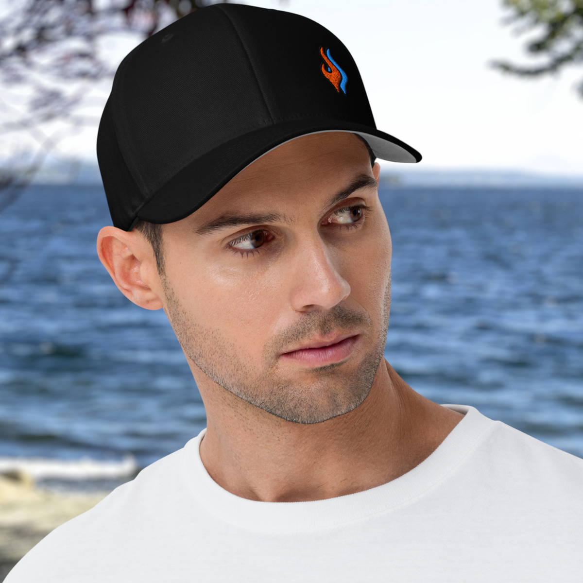 Flexfit Structured Twill Cap - SPECIAL EDITION - DOUBLE FLAME - BLACK - ORANGE OVER BLUE