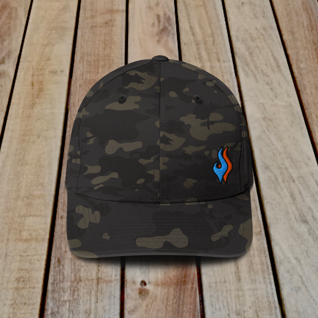 Flexfit Structured Twill Cap - SPECIAL EDITION - DOUBLE FLAME - BLACK CAMO - BLUE OVER ORANGE