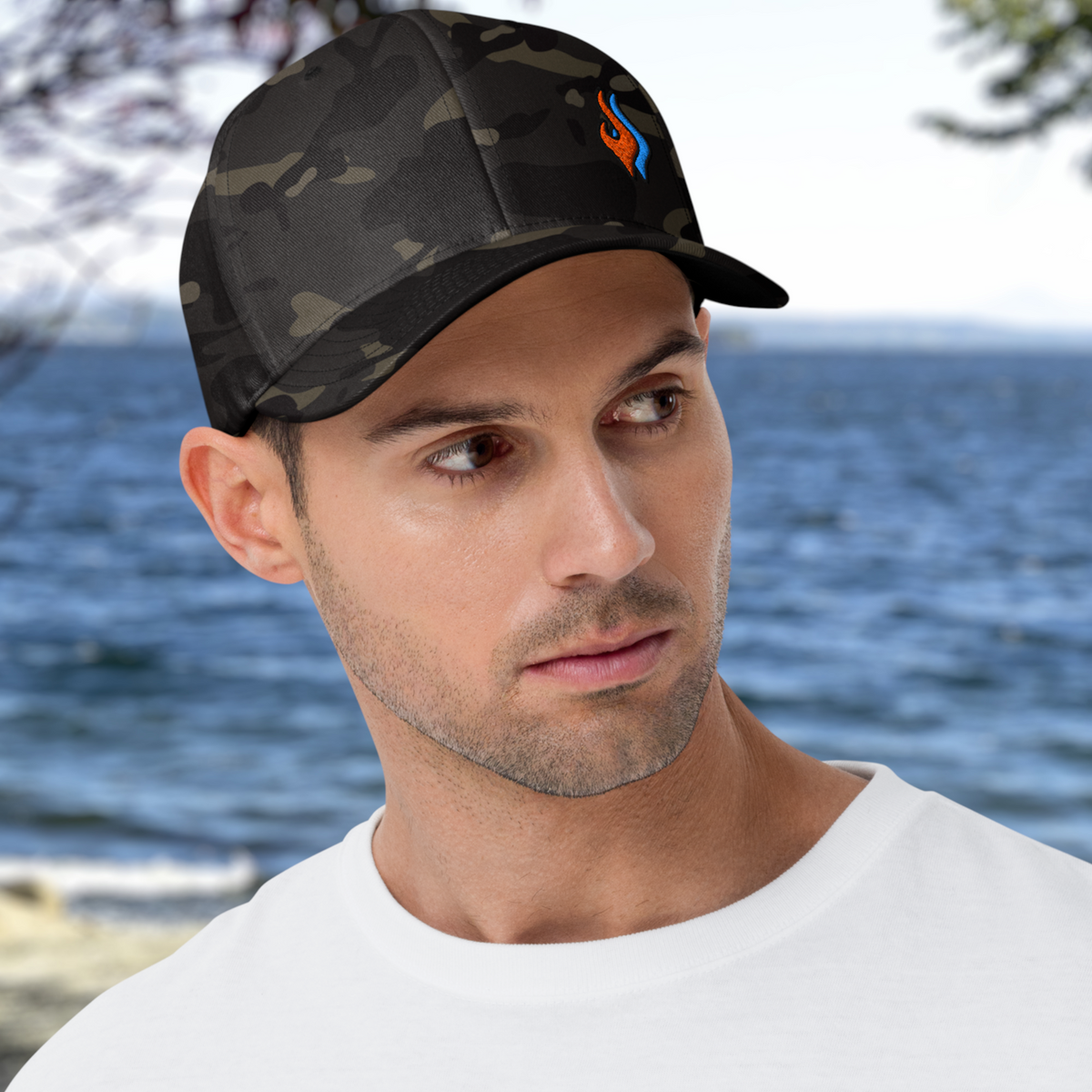 Flexfit Structured Twill Cap - SPECIAL EDITION - DOUBLE FLAME - BLACK CAMO - ORANGE OVER BLUE