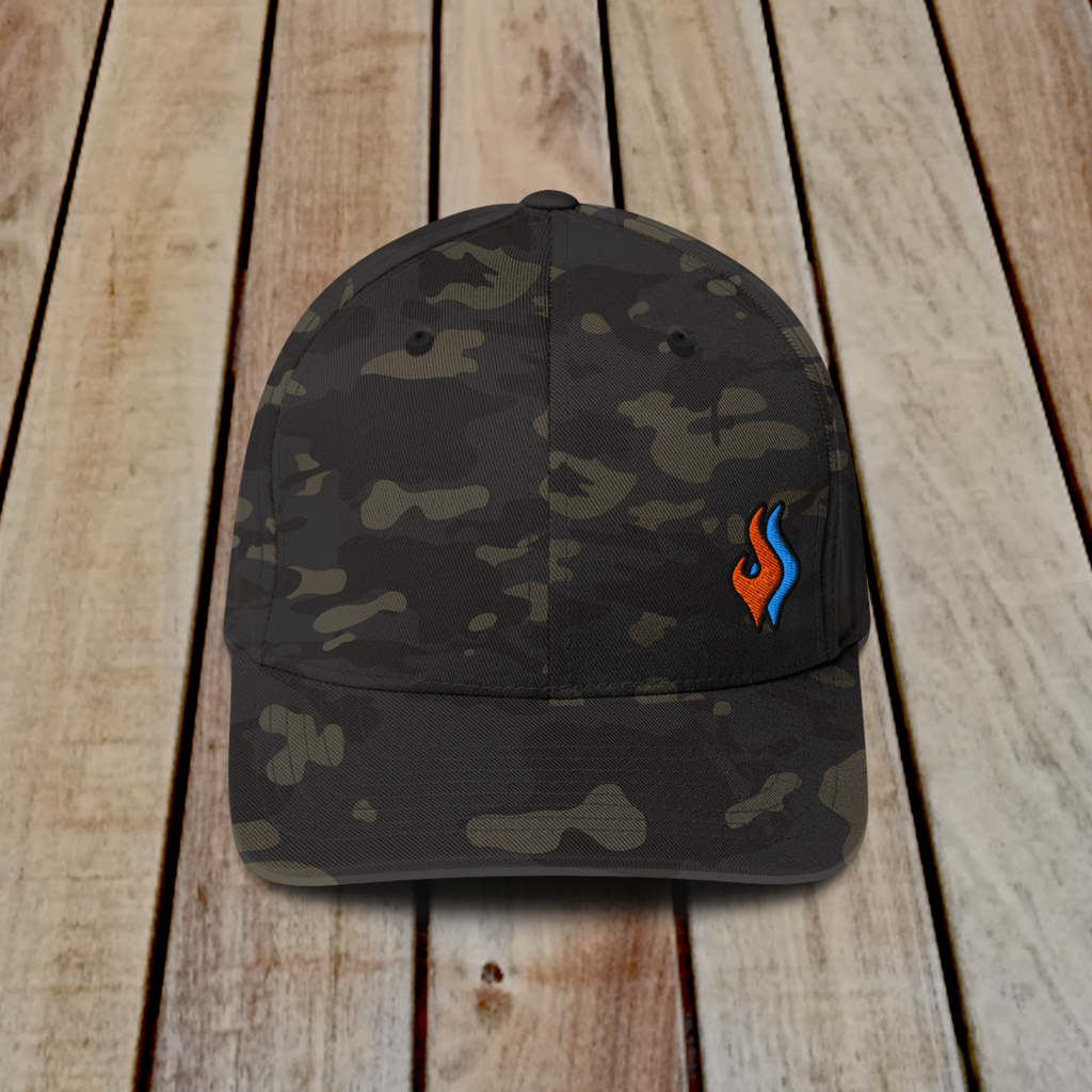 Flexfit Structured Twill Cap - SPECIAL EDITION - DOUBLE FLAME - BLACK CAMO - ORANGE OVER BLUE