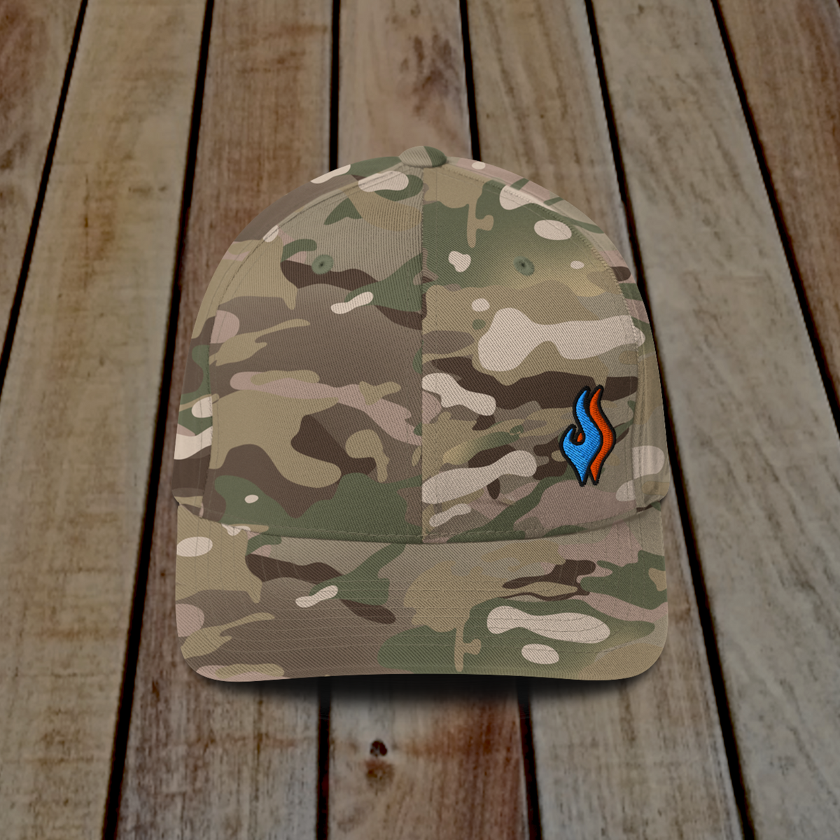 Flexfit Structured Twill Cap - SPECIAL EDITION - DOUBLE FLAME - GREEN CAMO - BLUE OVER ORANGE