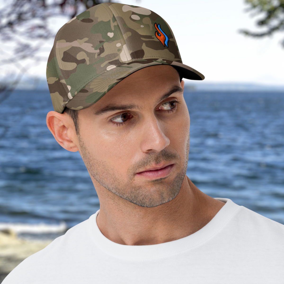 Flexfit Structured Twill Cap - SPECIAL EDITION - DOUBLE FLAME - GREEN CAMO - ORANGE OVER BLUE