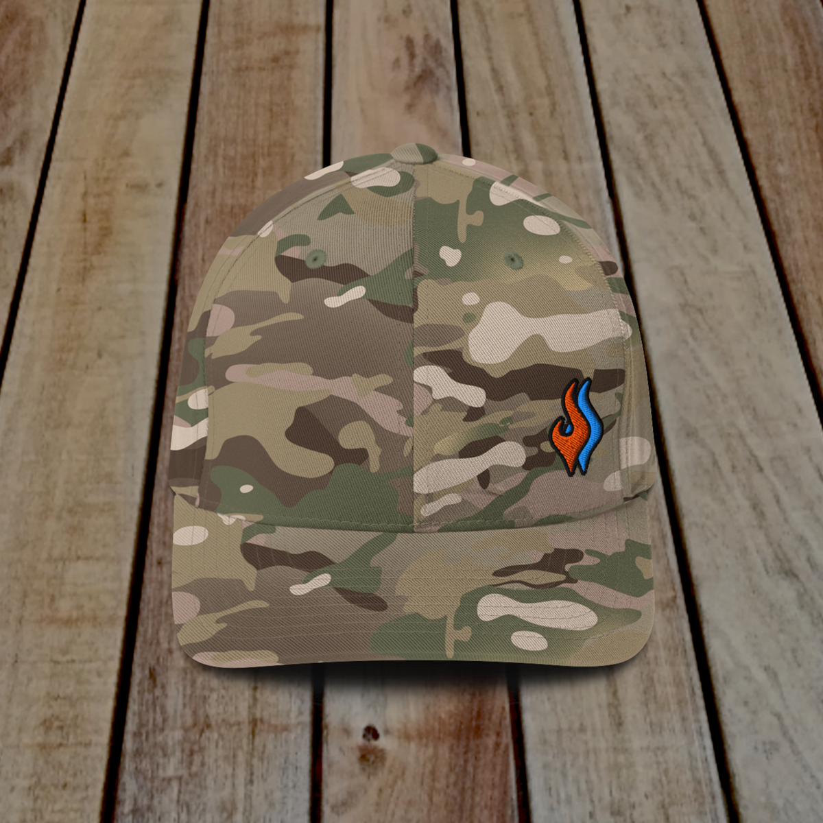 Flexfit Structured Twill Cap - SPECIAL EDITION - DOUBLE FLAME - GREEN CAMO - ORANGE OVER BLUE