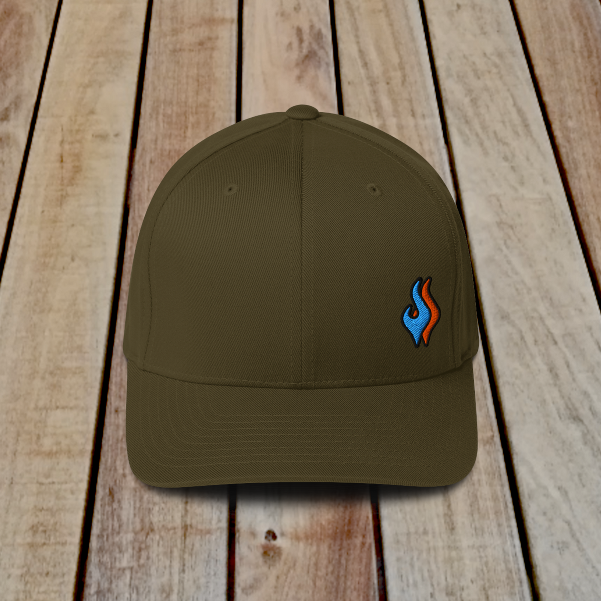 Flexfit Structured Twill Cap - SPECIAL EDITION - DOUBLE FLAME - OLIVE - BLUE OVER ORANGE