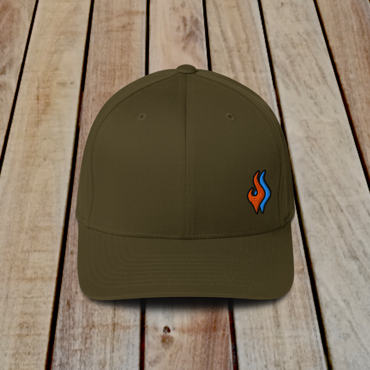 Flexfit Structured Twill Cap - SPECIAL EDITION - DOUBLE FLAME - OLIVE - ORANGE OVER BLUE
