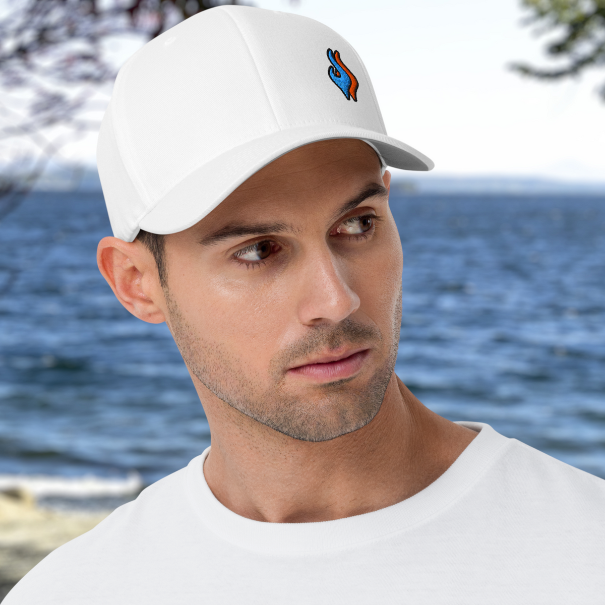 Flexfit Structured Twill Cap - SPECIAL EDITION - DOUBLE FLAME - WHITE - BLUE OVER ORANGE