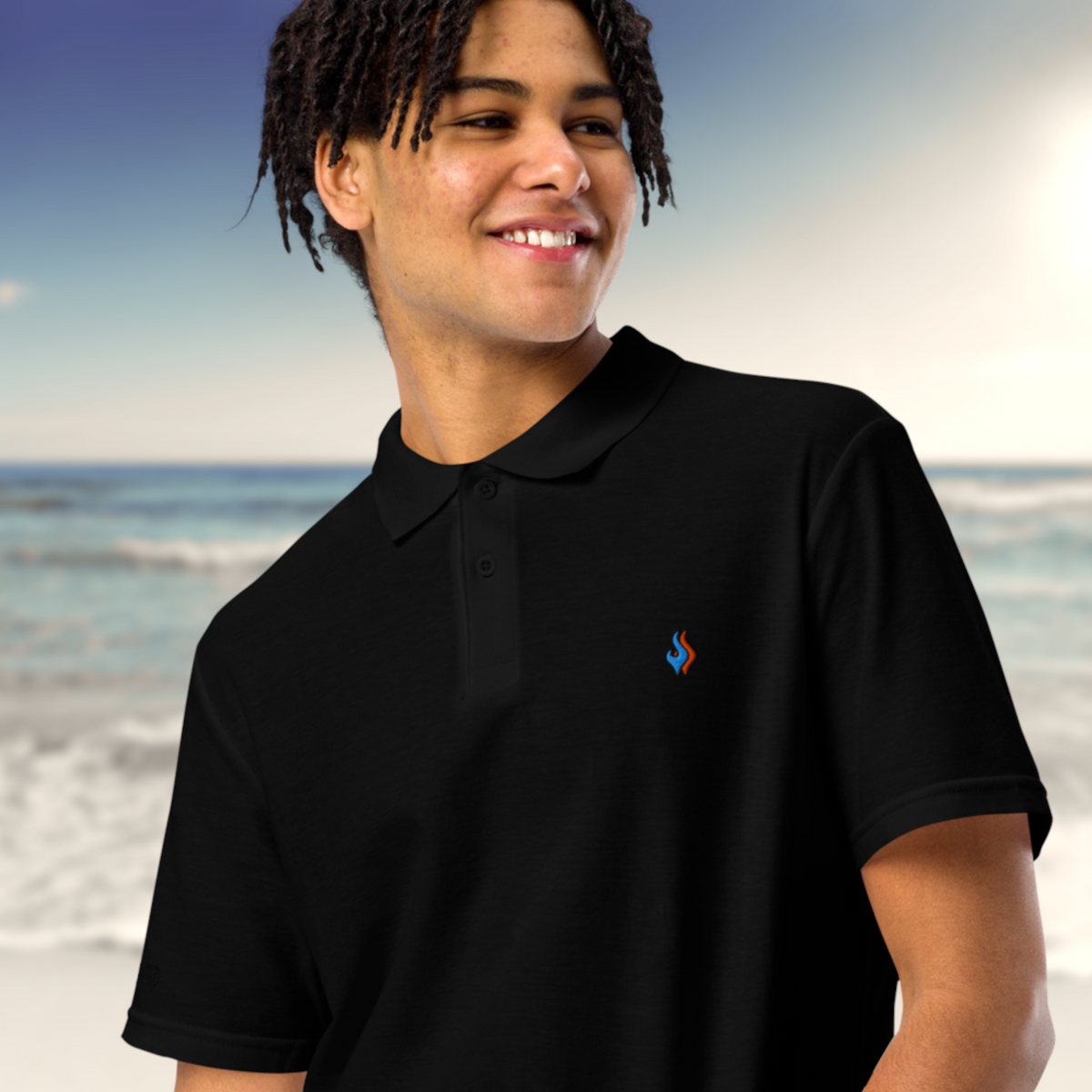 The Classic Pique Polo - BLACK - DOUBLE FLAME LOGO BLUE ON ORANGE