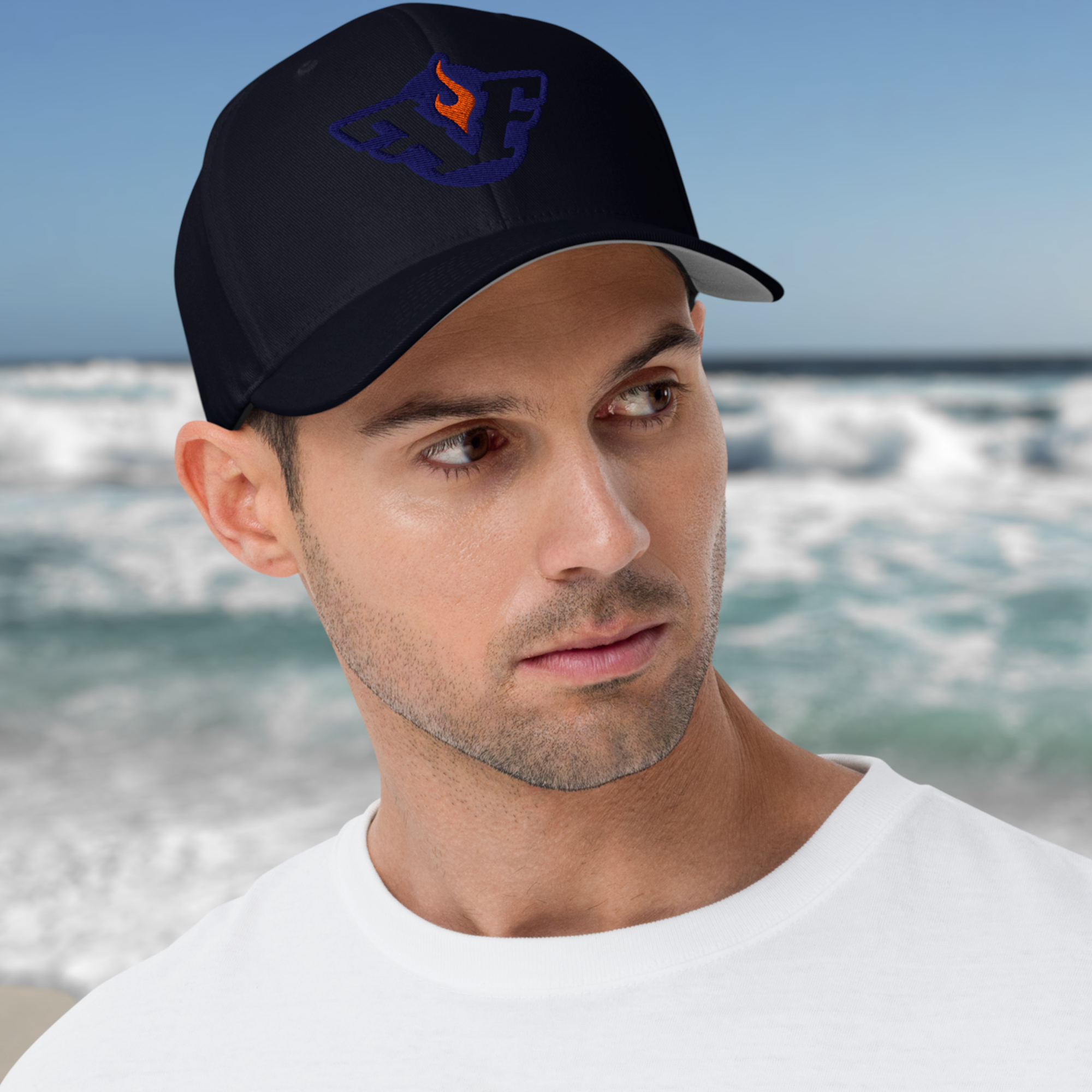 Flexfit Structured Twill Cap - SPECIAL EDITION - GHOST LOGO NAVY - ORANGE FLAME