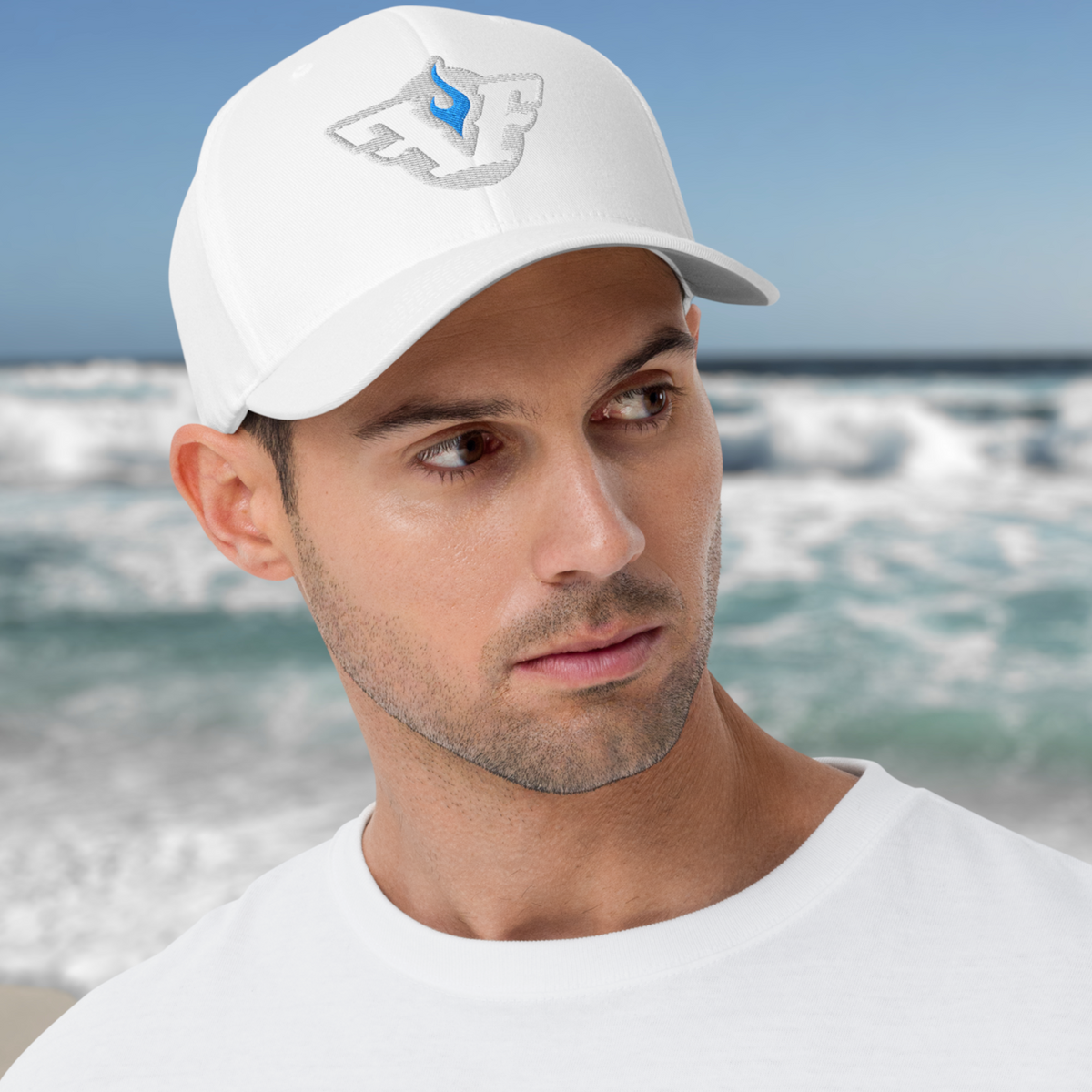 Flexfit Structured Twill Cap - SPECIAL EDITION - GHOST LOGO WHITE - BLUE FLAME