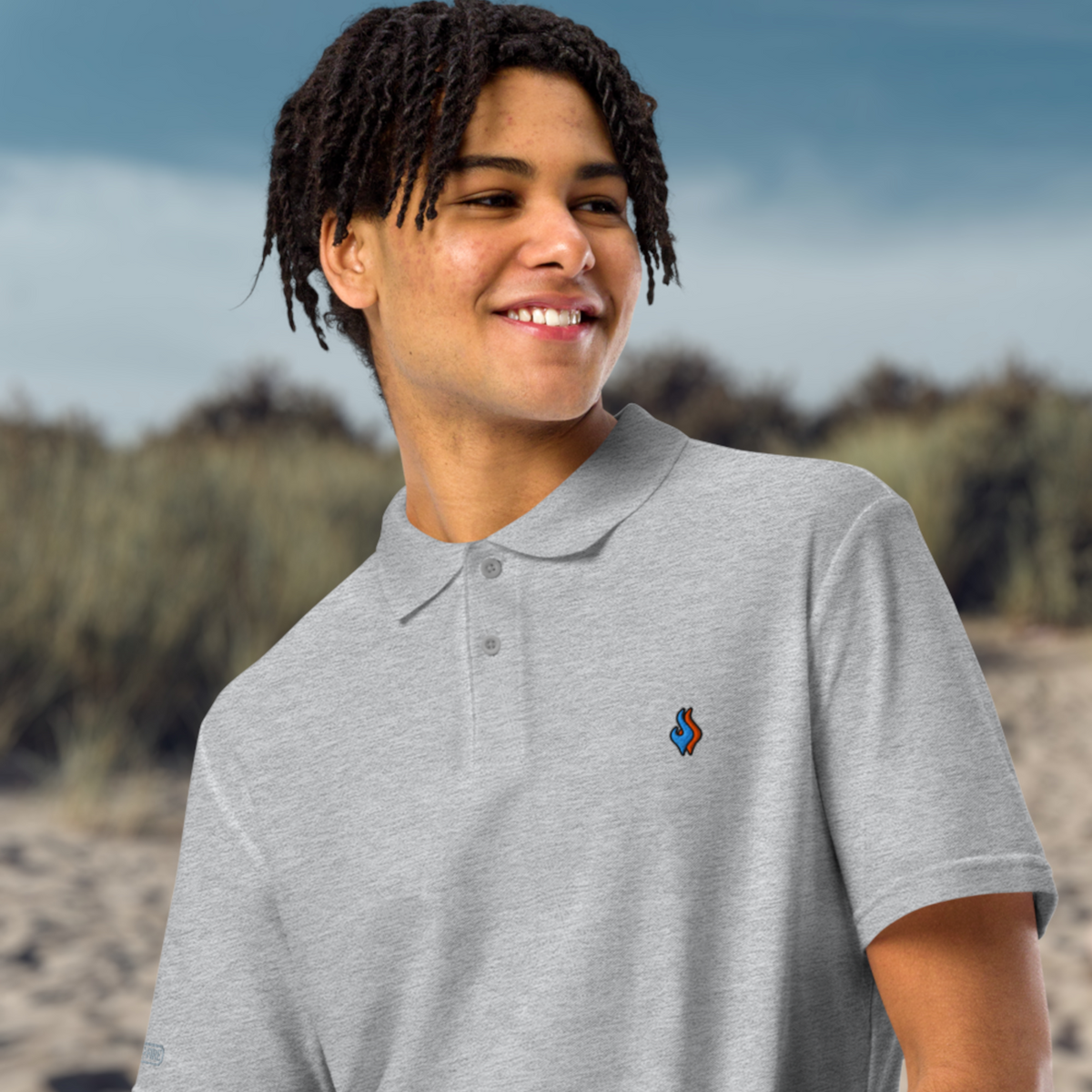 The Classic Pique Polo - GRAY - DOUBLE FLAME LOGO BLUE ON ORANGE