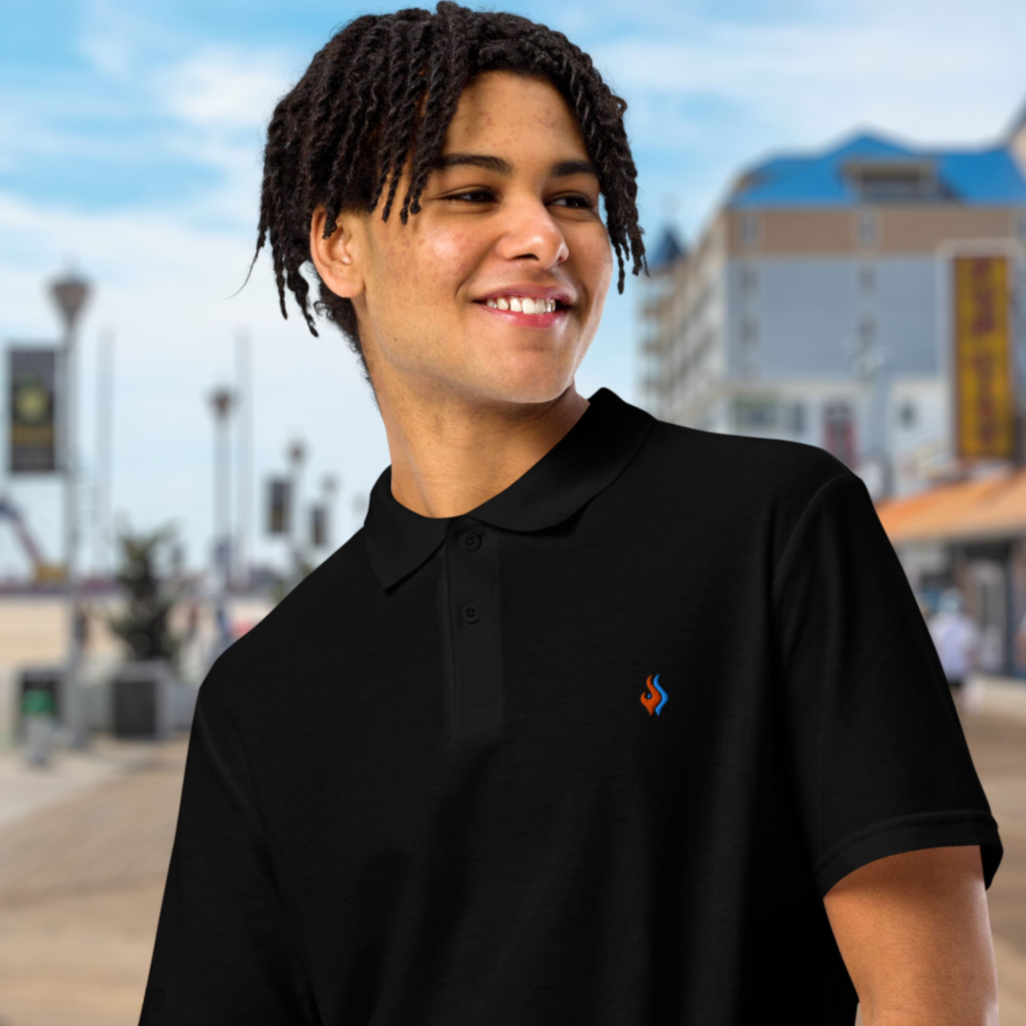 The Classic Pique Polo - BLACK - DOUBLE FLAME LOGO ORANGE ON BLUE