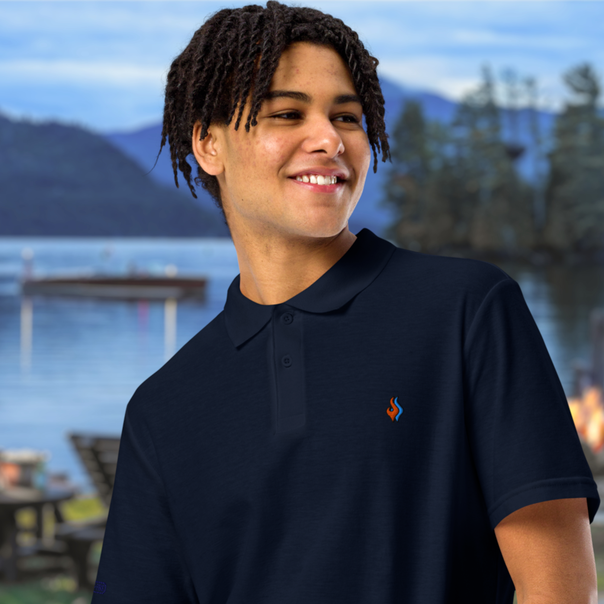 The Classic Pique Polo - NAVY - DOUBLE FLAME LOGO ORANGE ON BLUE