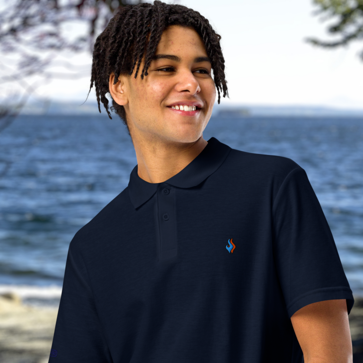 The Classic Pique Polo - NAVY - DOUBLE FLAME LOGO BLUE ON ORANGE