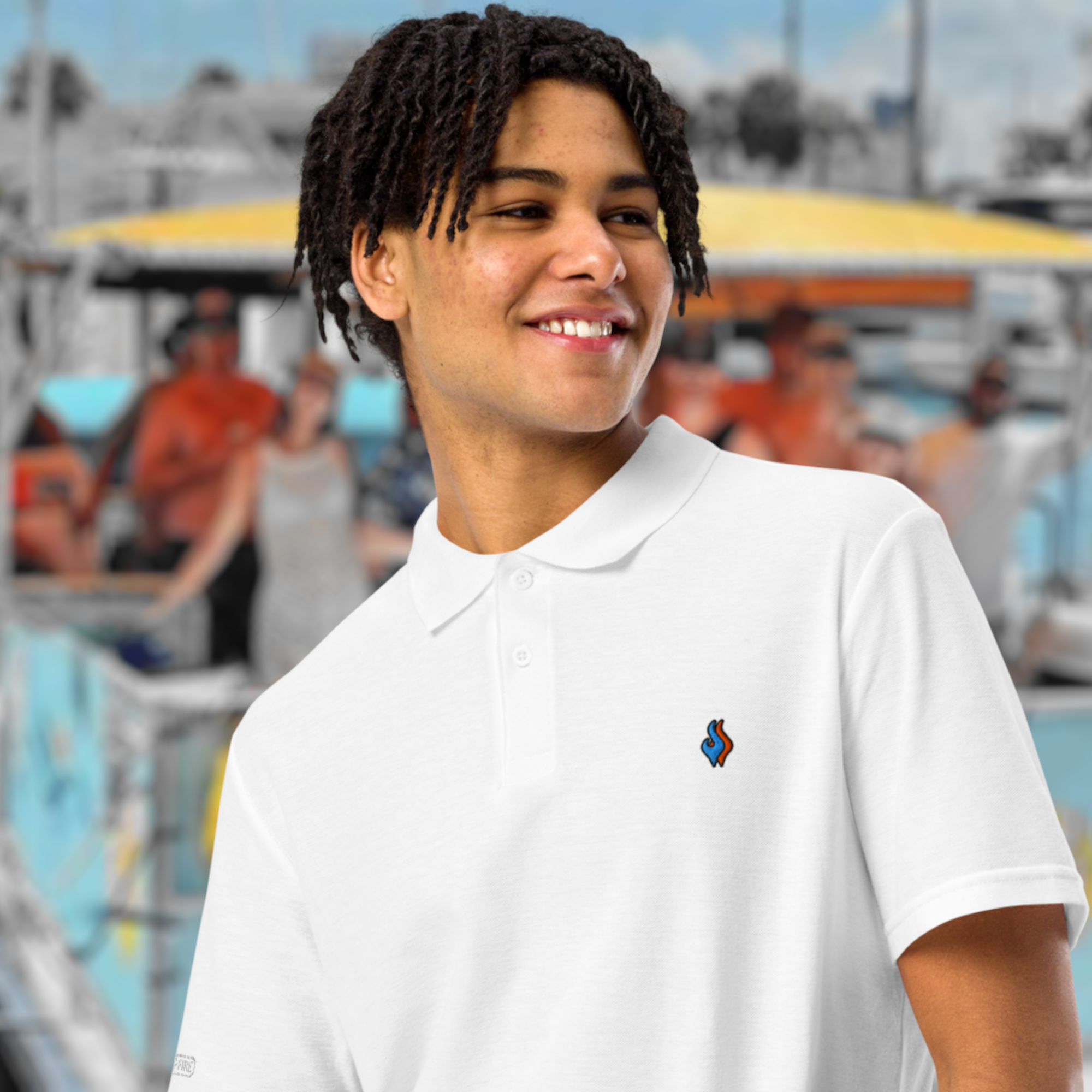 The Classic Pique Polo - WHITE - DOUBLE FLAME LOGO BLUE ON ORANGE