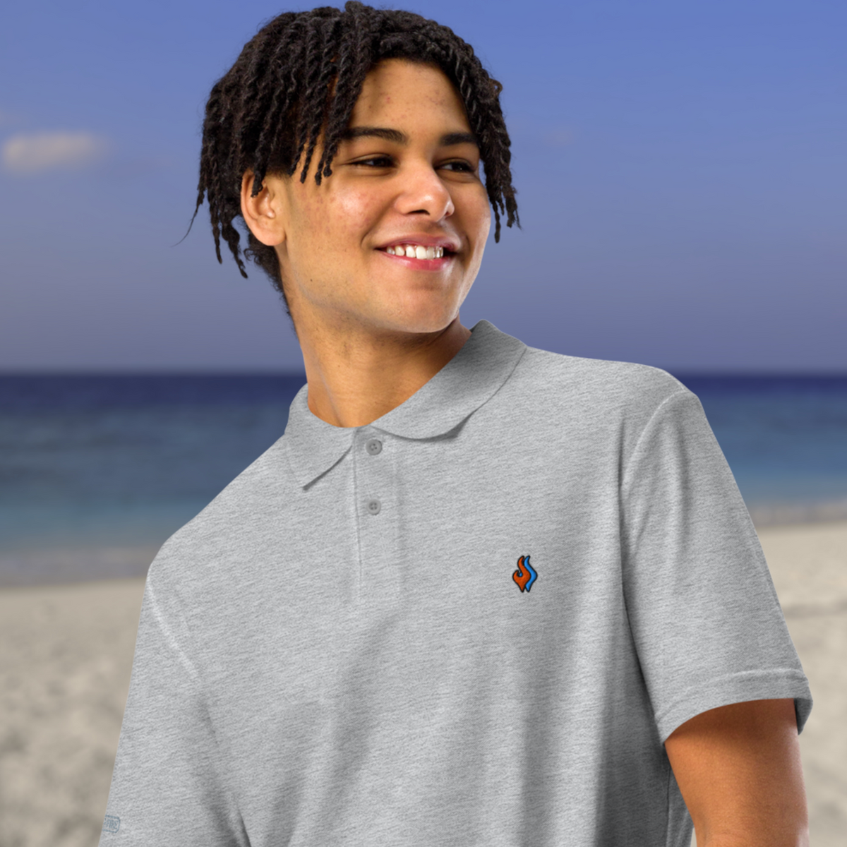 The Classic Pique Polo - GRAY - DOUBLE FLAME LOGO ORANGE ON BLUE