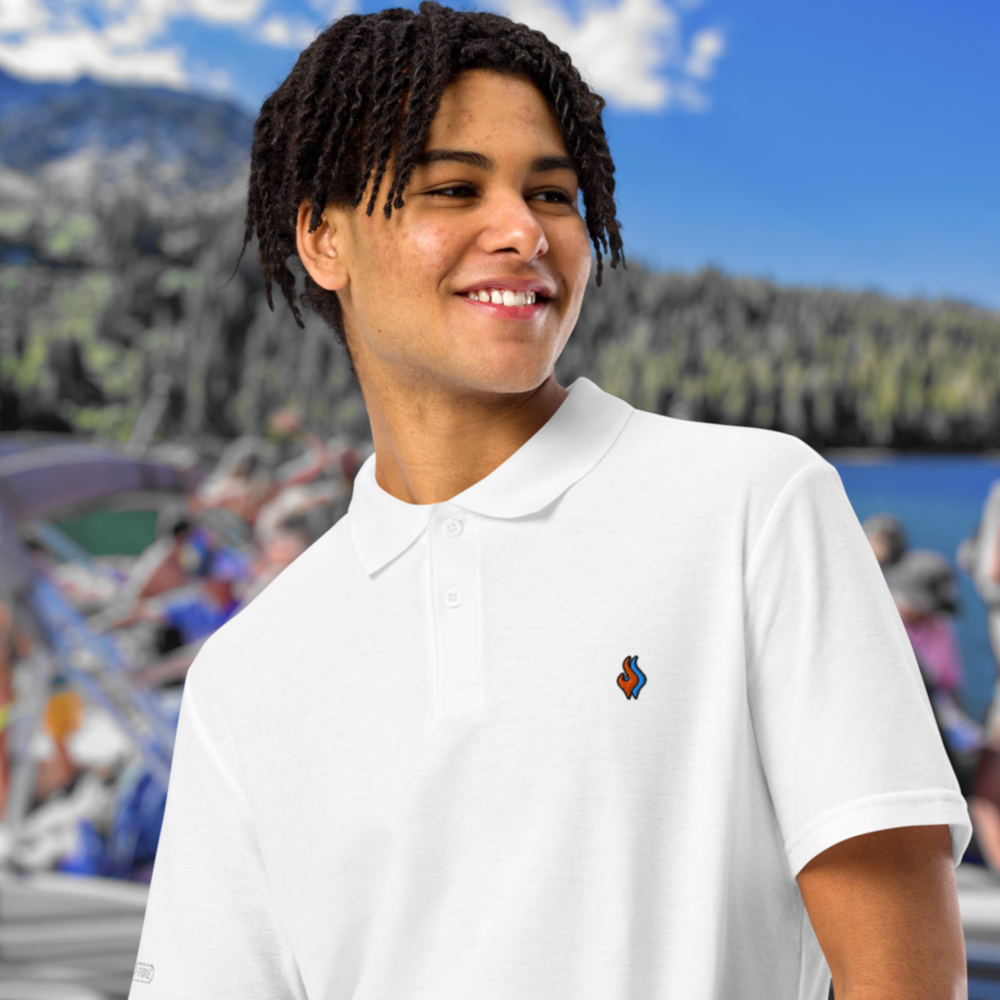 The Classic Pique Polo - WHITE - DOUBLE FLAME LOGO ORANGE ON BLUE