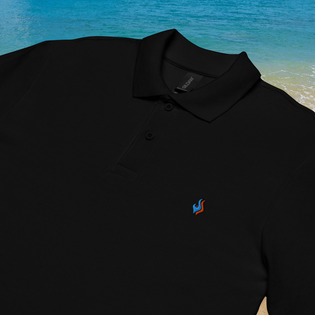 The Classic Pique Polo - BLACK - DOUBLE FLAME LOGO BLUE ON ORANGE