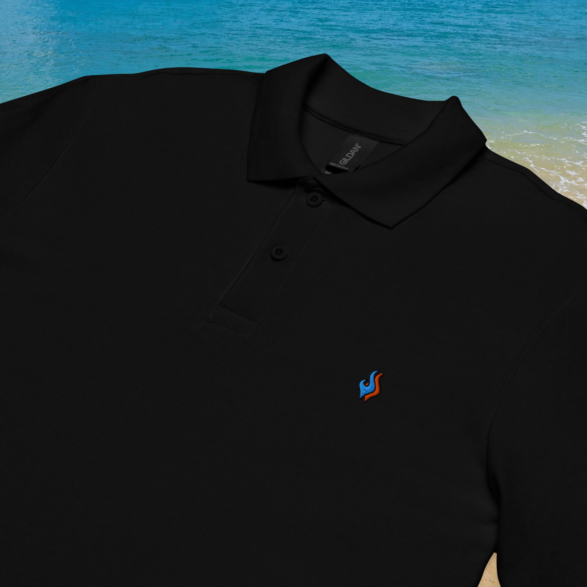 The Classic Pique Polo - BLACK - DOUBLE FLAME LOGO BLUE ON ORANGE