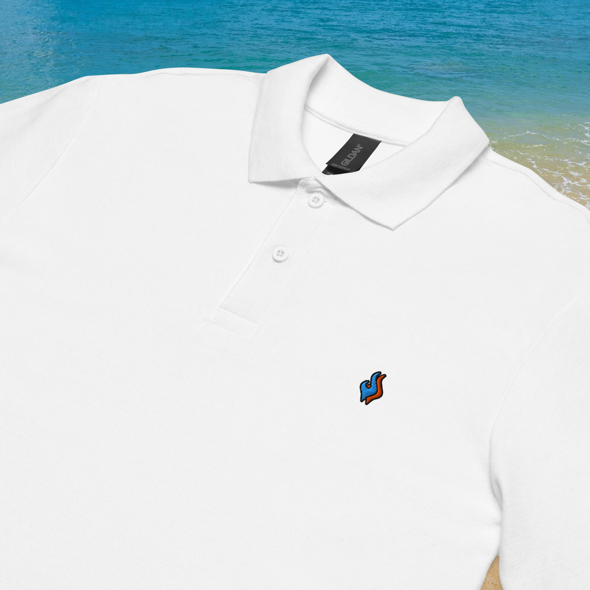 The Classic Pique Polo - WHITE - DOUBLE FLAME LOGO BLUE ON ORANGE