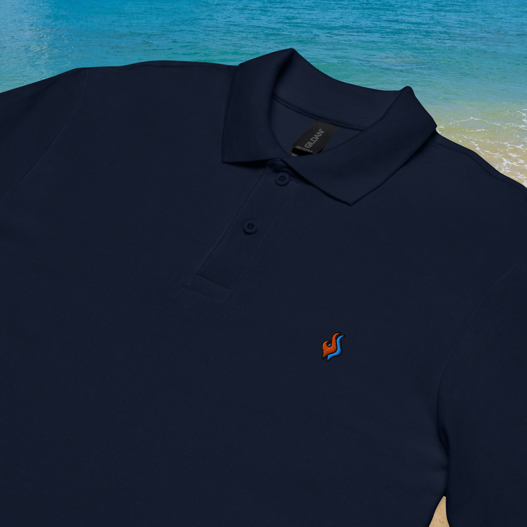 The Classic Pique Polo - NAVY - DOUBLE FLAME LOGO ORANGE ON BLUE