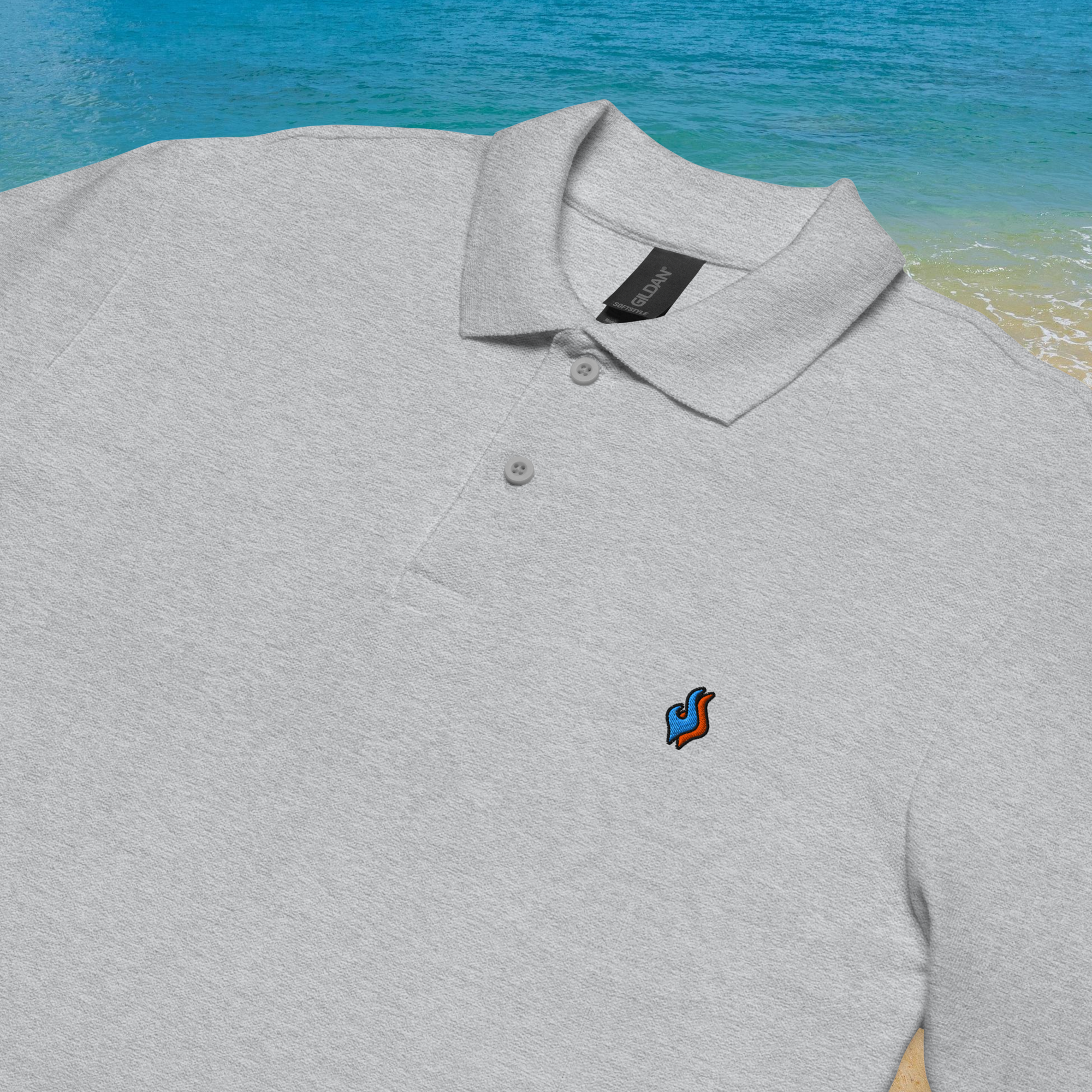 The Classic Pique Polo - GRAY - DOUBLE FLAME LOGO BLUE ON ORANGE