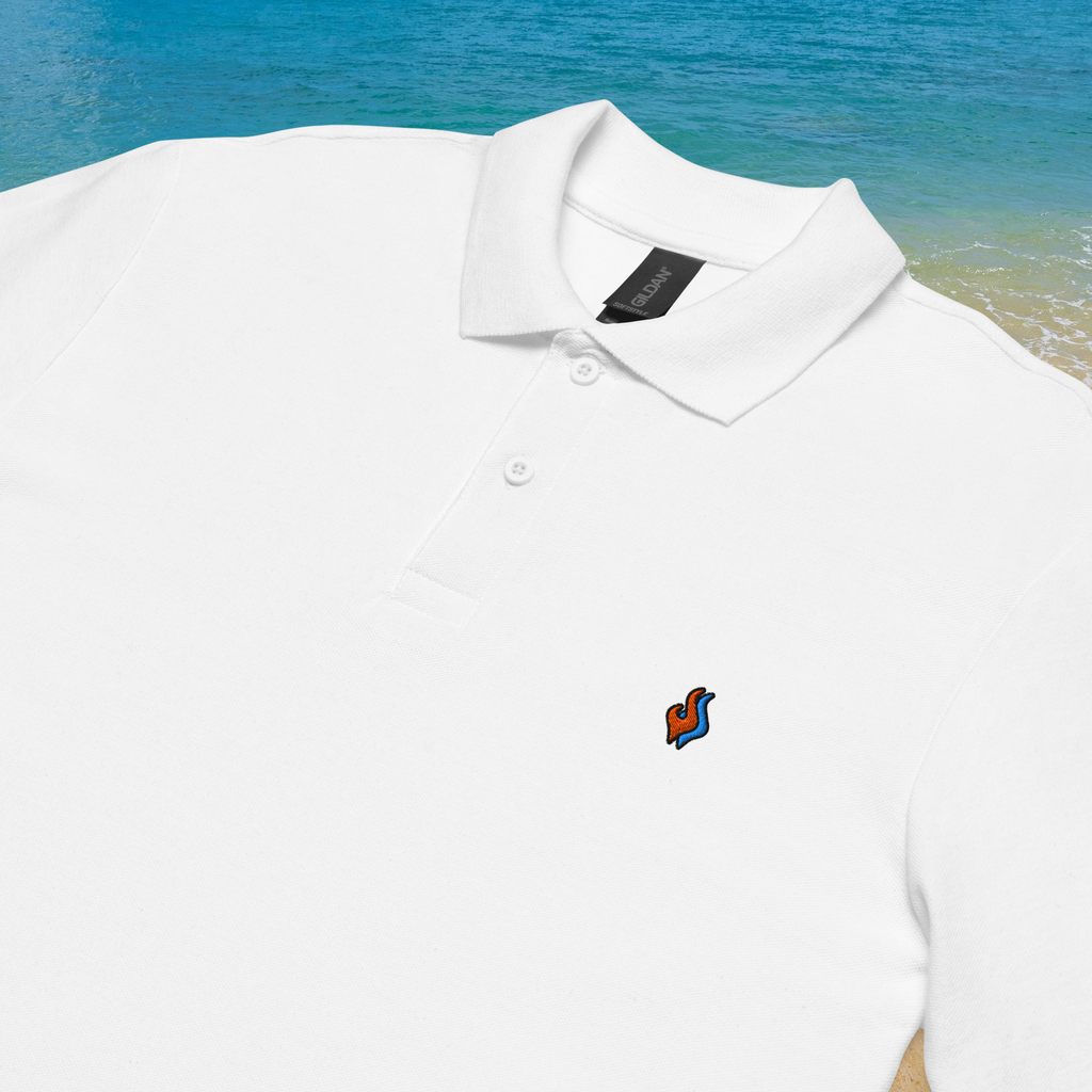 The Classic Pique Polo - WHITE - DOUBLE FLAME LOGO ORANGE ON BLUE