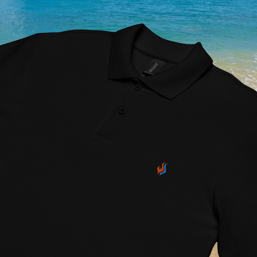 The Classic Pique Polo - BLACK - DOUBLE FLAME LOGO ORANGE ON BLUE