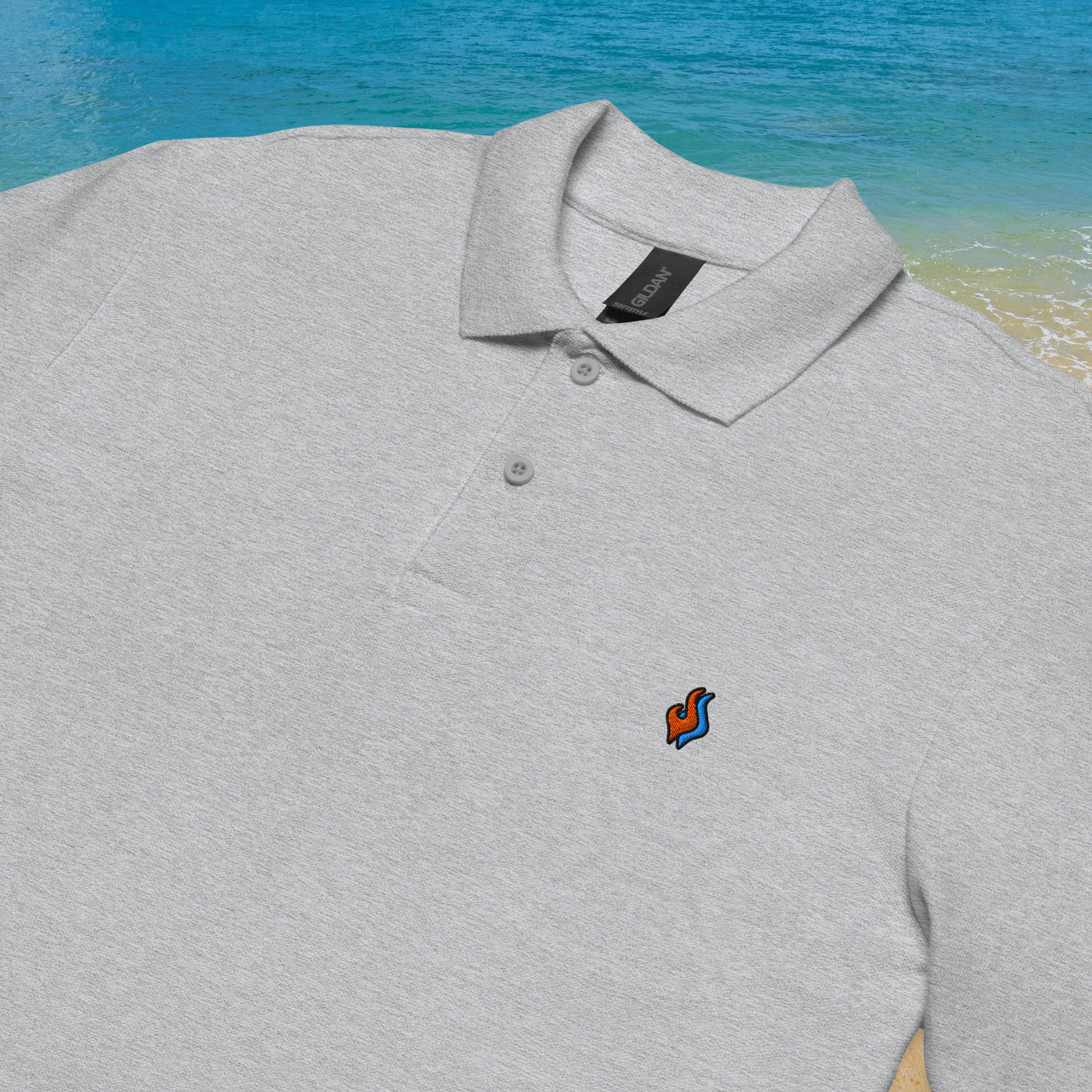 The Classic Pique Polo - GRAY - DOUBLE FLAME LOGO ORANGE ON BLUE