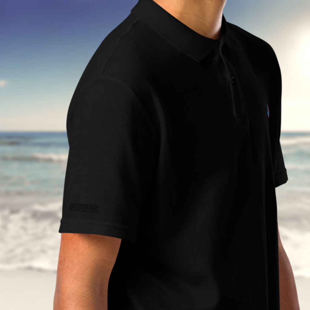 The Classic Pique Polo - BLACK - DOUBLE FLAME LOGO BLUE ON ORANGE