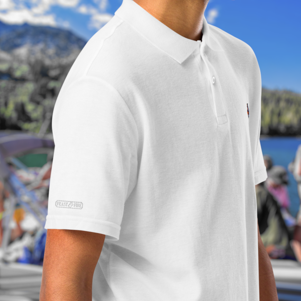 The Classic Pique Polo - WHITE - DOUBLE FLAME LOGO ORANGE ON BLUE