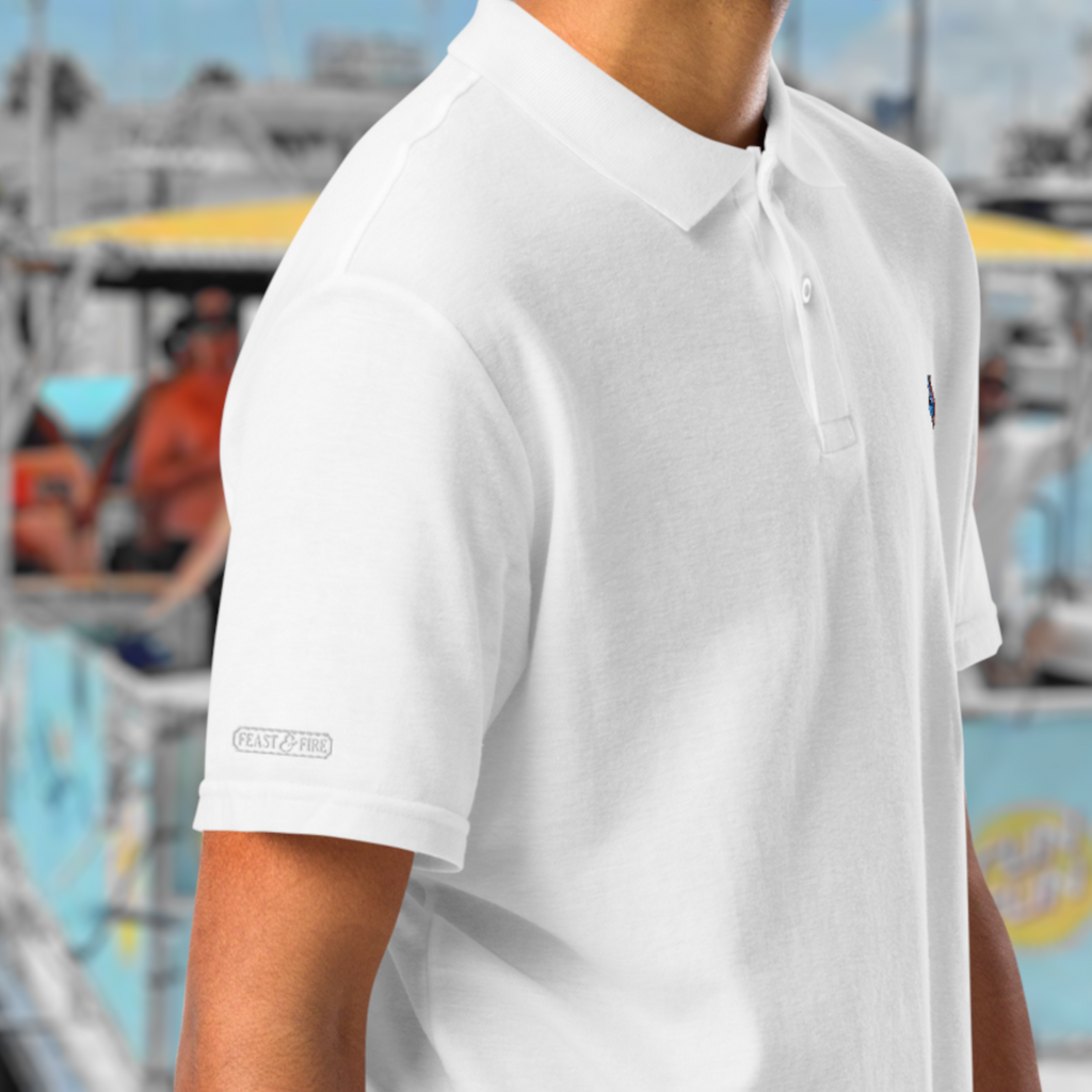 The Classic Pique Polo - WHITE - DOUBLE FLAME LOGO BLUE ON ORANGE