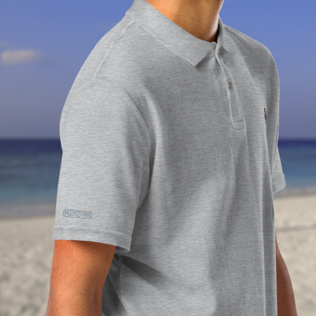 The Classic Pique Polo - GRAY - DOUBLE FLAME LOGO ORANGE ON BLUE