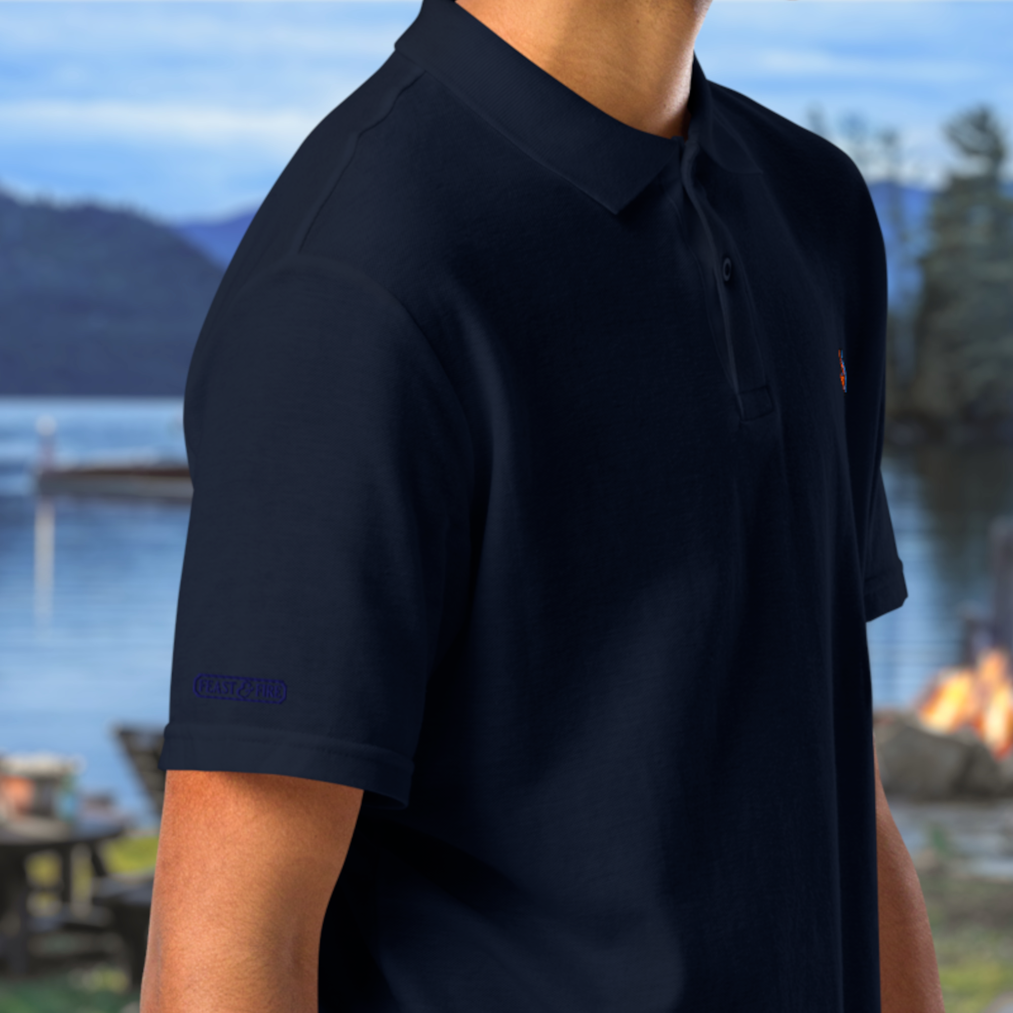 The Classic Pique Polo - NAVY - DOUBLE FLAME LOGO ORANGE ON BLUE