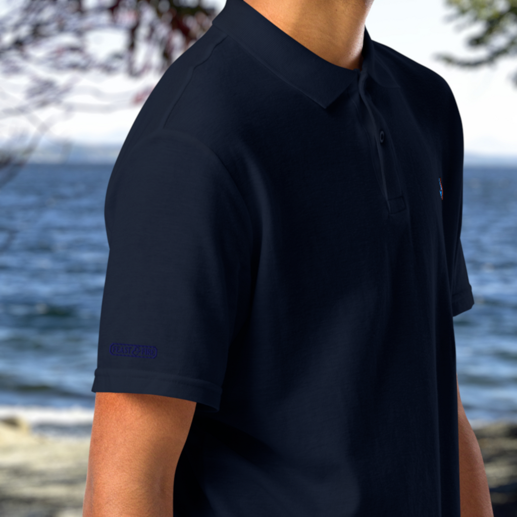 The Classic Pique Polo - NAVY - DOUBLE FLAME LOGO BLUE ON ORANGE