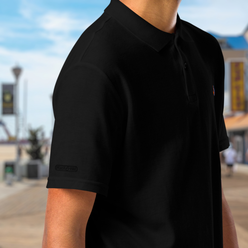 The Classic Pique Polo - BLACK - DOUBLE FLAME LOGO ORANGE ON BLUE
