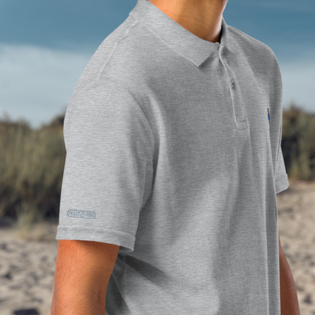 The Classic Pique Polo - GRAY - DOUBLE FLAME LOGO BLUE ON ORANGE