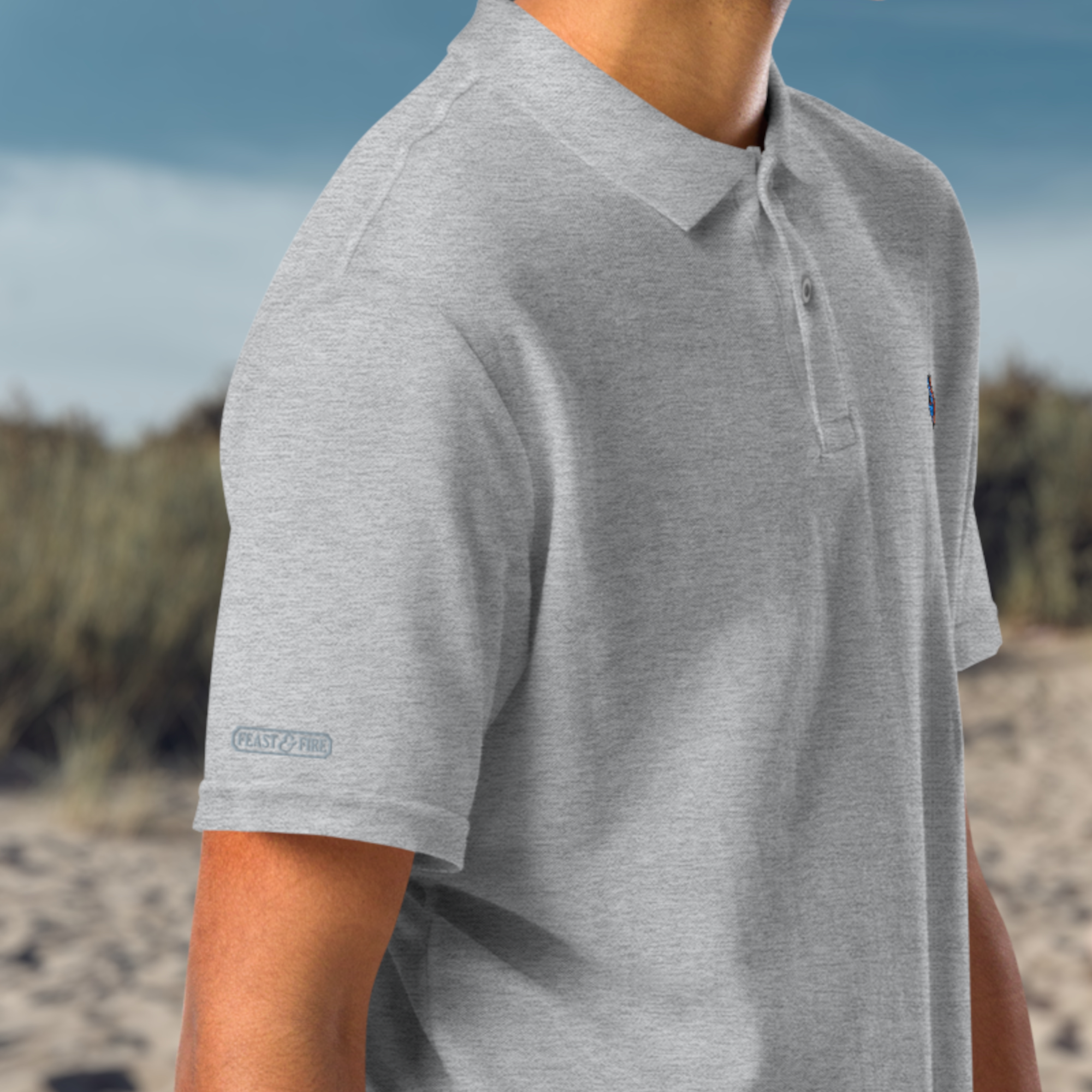 The Classic Pique Polo - GRAY - DOUBLE FLAME LOGO BLUE ON ORANGE
